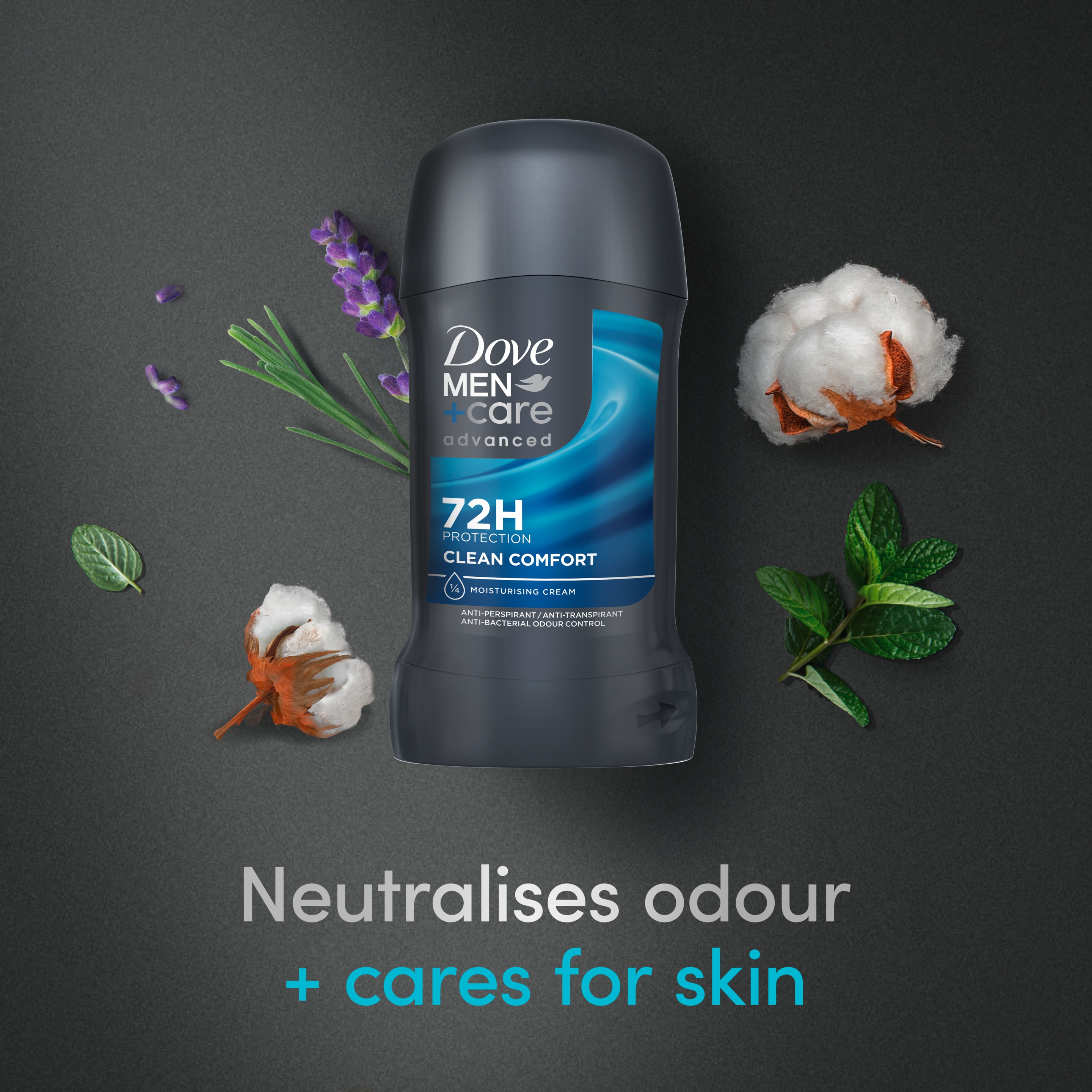 Dove Men+Care Advanced Clean Comfort Anti-Perspirant Stick Men's Deodorant with Anti-Odour Technology and a lemon & cedarwood scent for 72 hour sweat and anti-bacterial odour protection 50 ml packshot