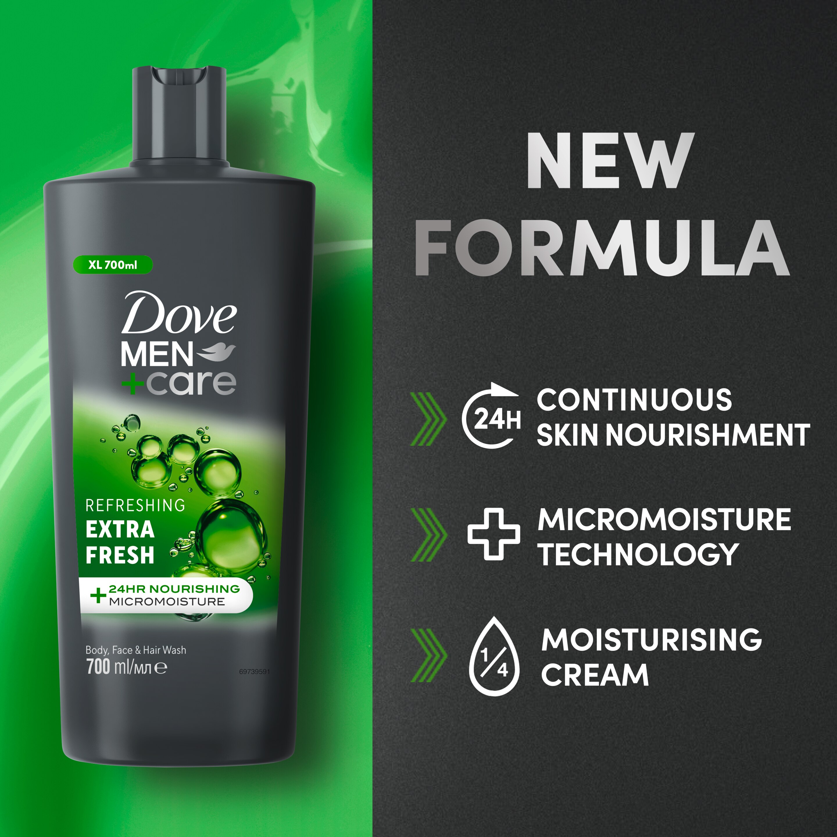 Dove Men+Care Refreshing Extra Fresh Body Cleanser shower gel with 24 hour nourishing MicroMoisture technology 3-in-1 Hair, Face and Body Wash for healthy and smooth skin all day 700 ml packshot