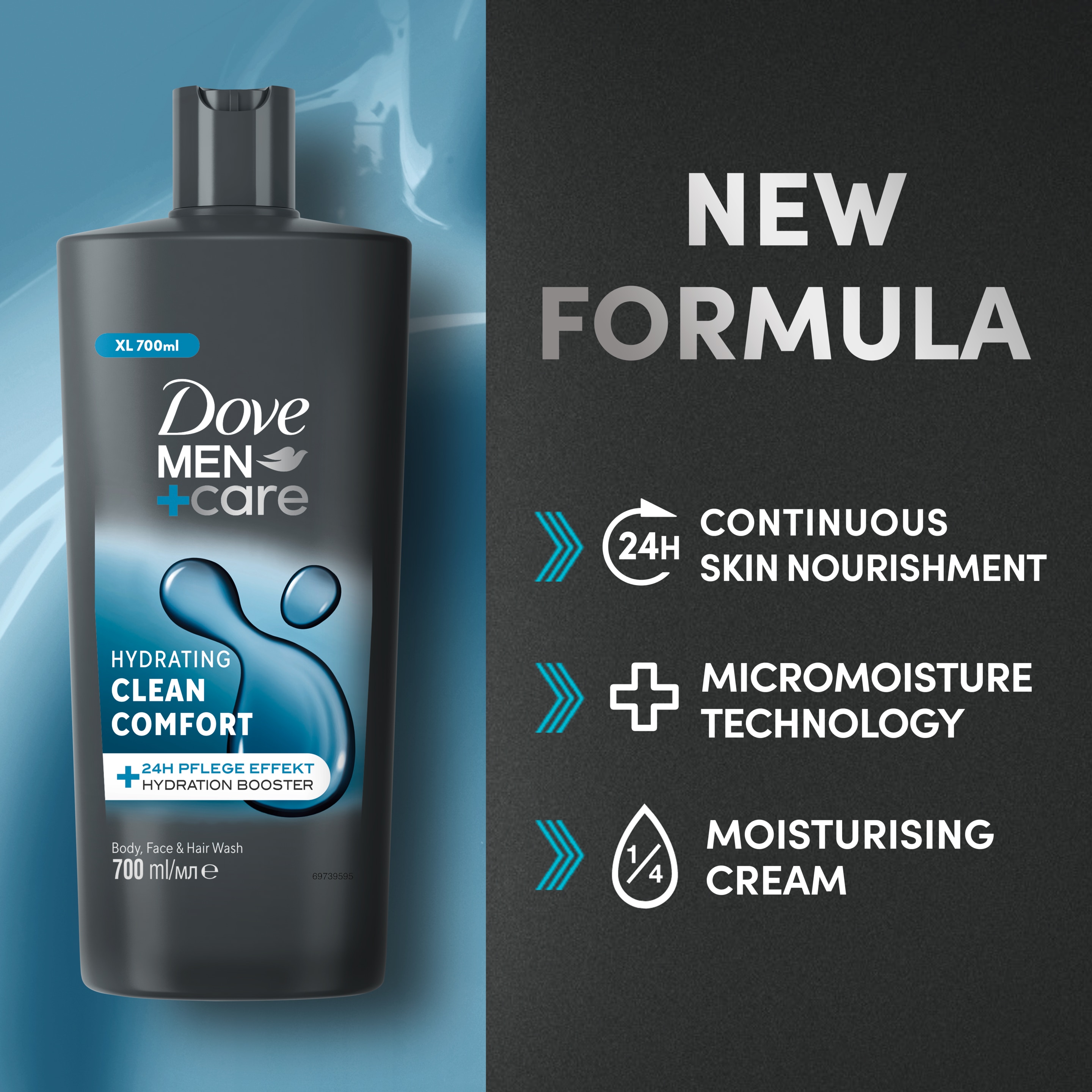 Dove Men+Care Hydrating Clean Comfort Body Cleanser shower gel with 24 hour nourishing MicroMoisture technology 3-in-1 Hair, Face and Body Wash for relaxed and re-energised skin 700 ml packshot