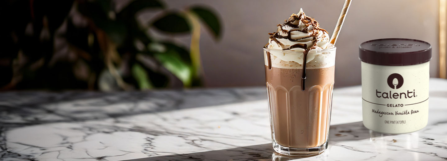 Frozen Mudslide cocktail with pint of Talenti Madagascan Vanilla Bean Gelato.