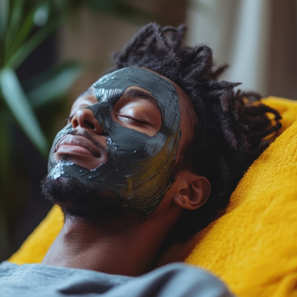 Young man practicing self-care with an activated charcoal face mask on