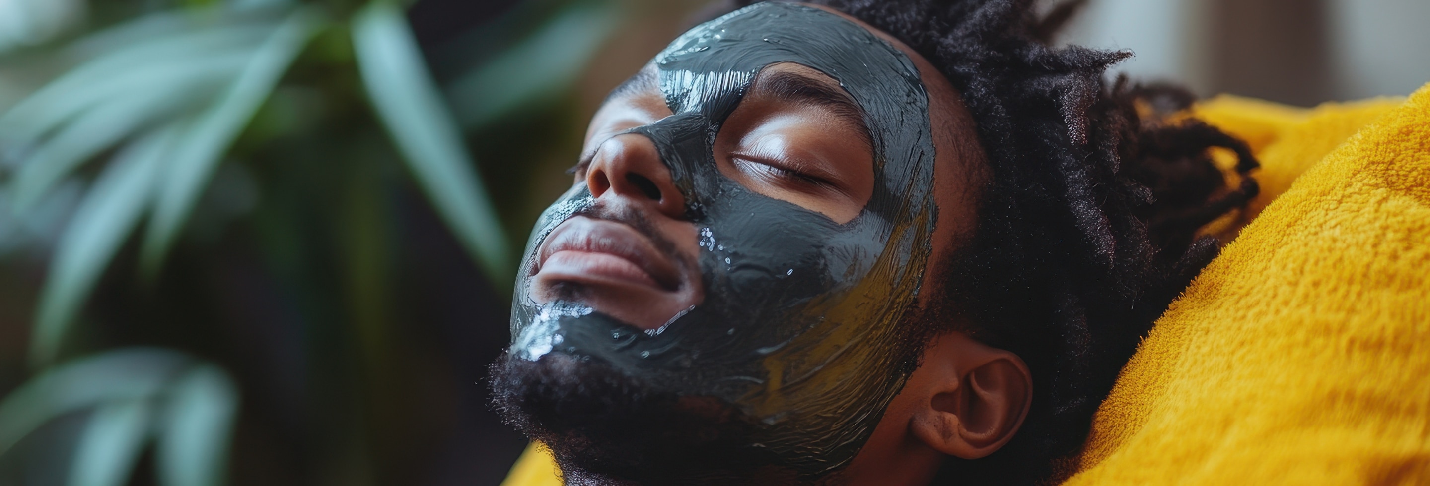 Young man practicing self-care with an activated charcoal face mask on