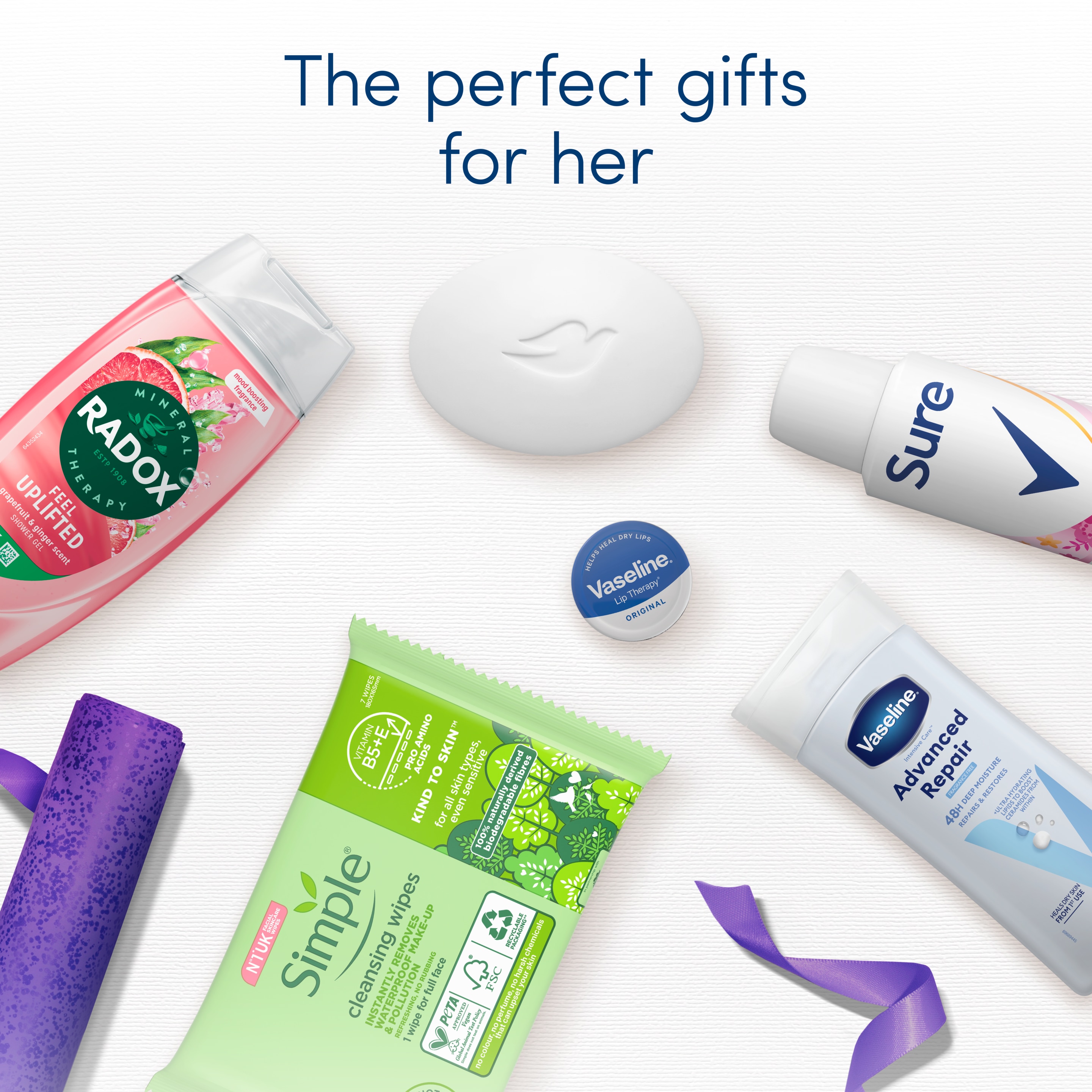 Unbranded Dove, Simple, Vaseline, Radox & Sure The Radiant Collection beauty bar, cleansing wipes, body lotion, lip balm, shower gel & anti-perspirant Gift Set perfect gifts for her 6 piece packshot