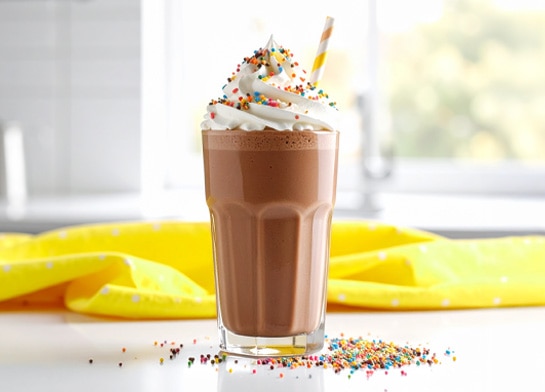 Glass of Fudgesicle Magic Milkshake on a table with sprinkles