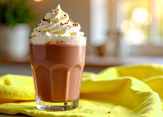 Glass of Fudgesicle hot chocolate topped with whipped cream