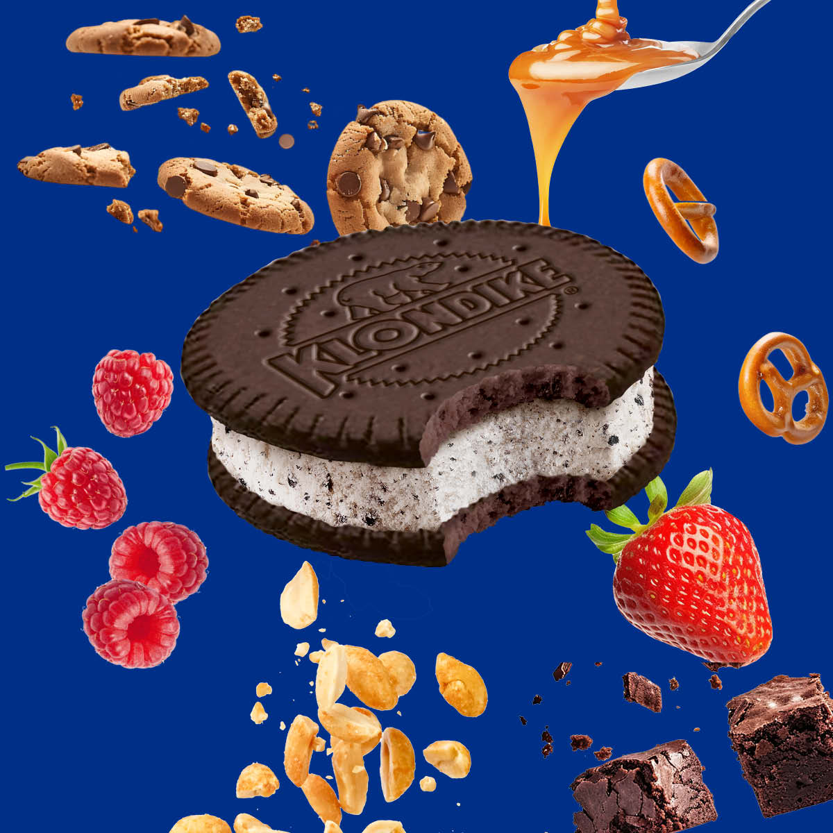 Klondike Cookies & Creme sandwich on blue background with different toppings