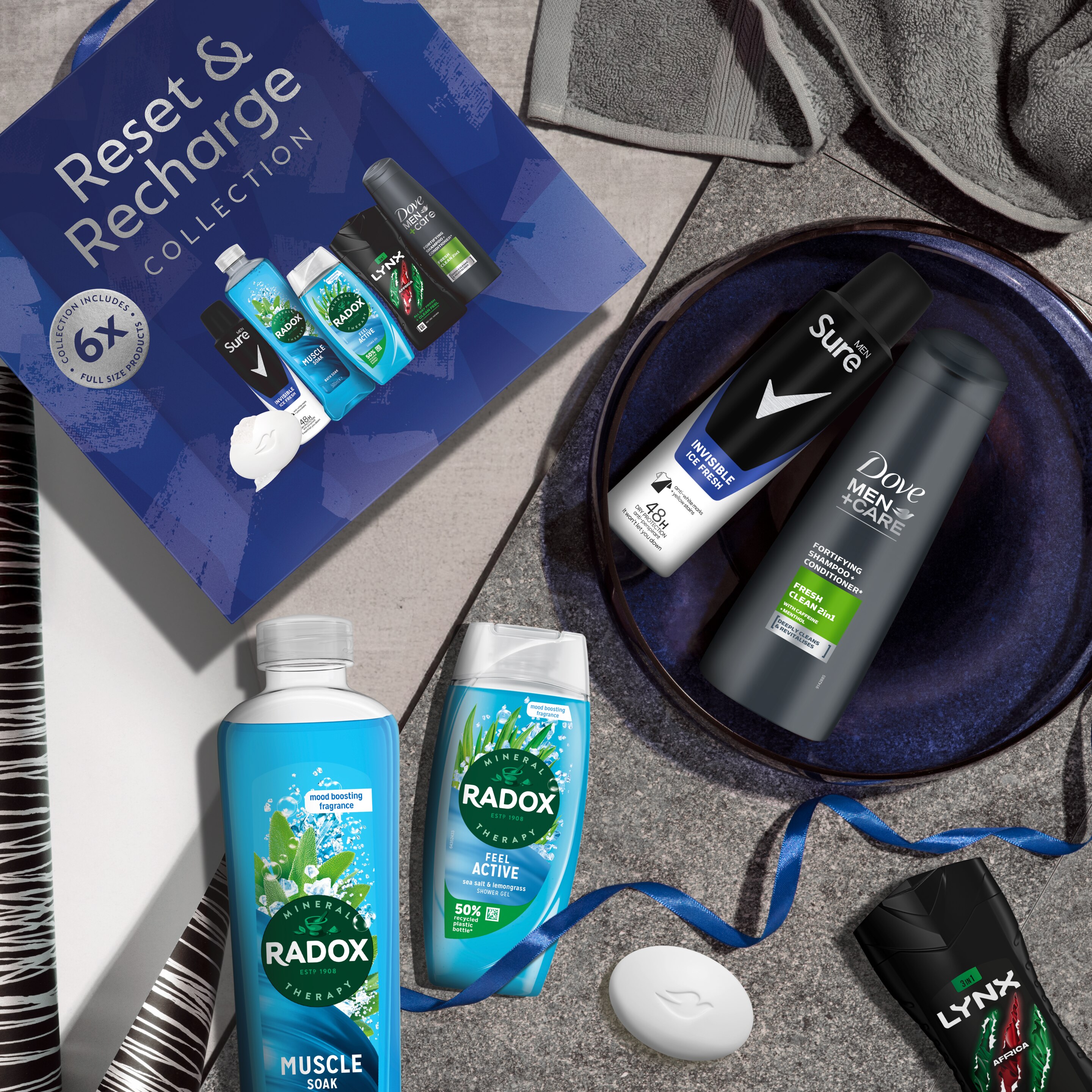 Unbranded Dove, Sure, Radox, Lynx & Dove Men The Reset & Recharge Collection beauty bar, anti-perspirant, bath soak, shower gel, body wash & shampoo Gift Set perfect for any occasion 6 piece packshot
