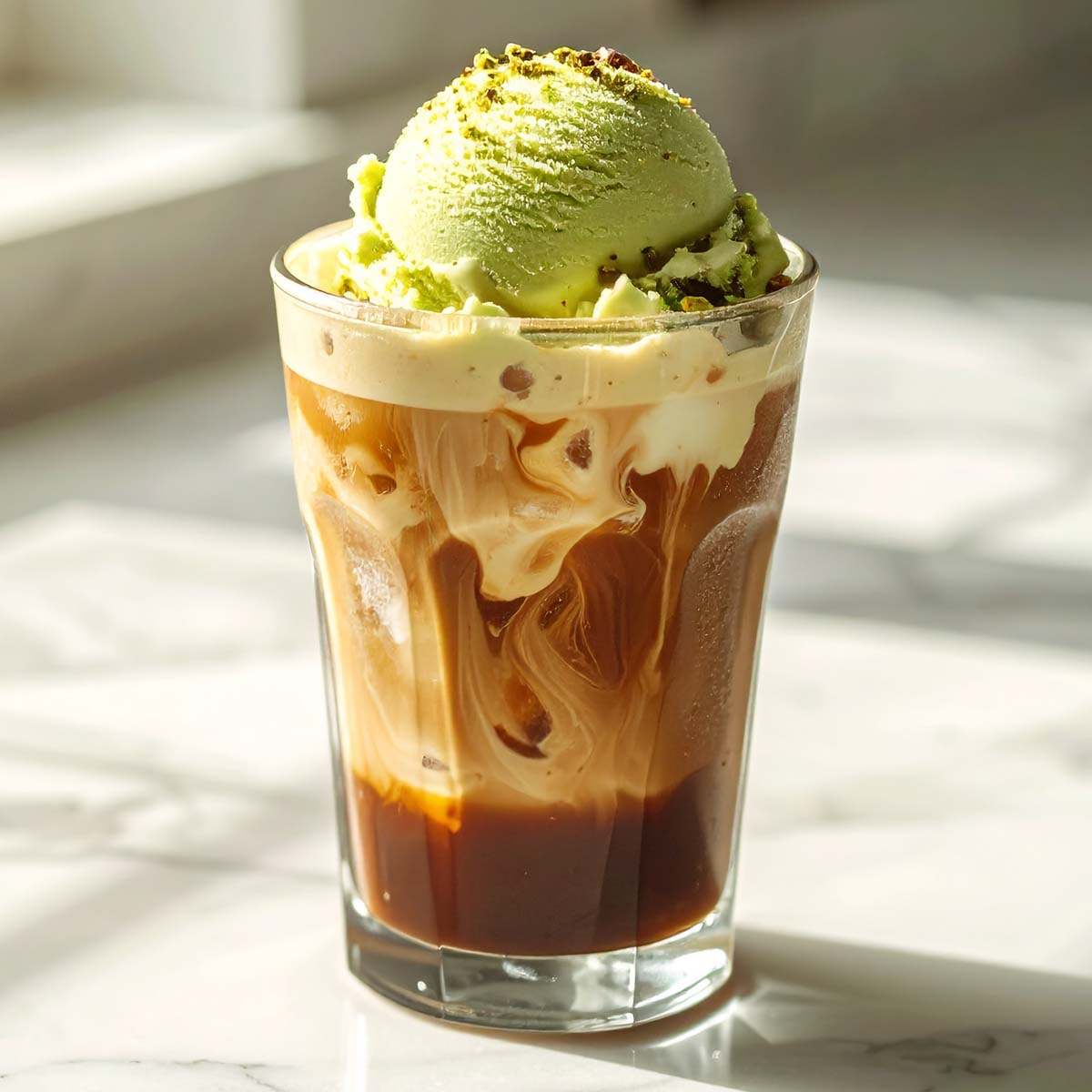 Iced coffee creamed with Talenti Pacific Coast Pistachio Gelato