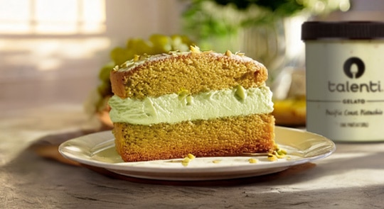 Slice of pistachio gelato cake made with Talenti Pacific Coast Pistachio