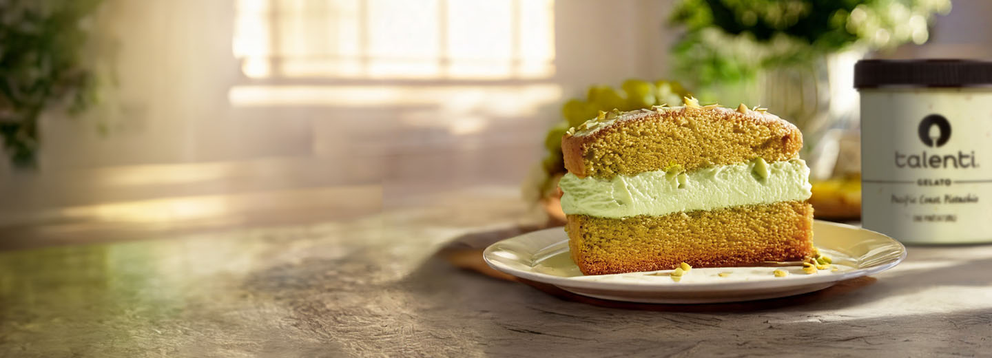 Slice of pistachio gelato cake made with Talenti Pacific Coast Pistachio