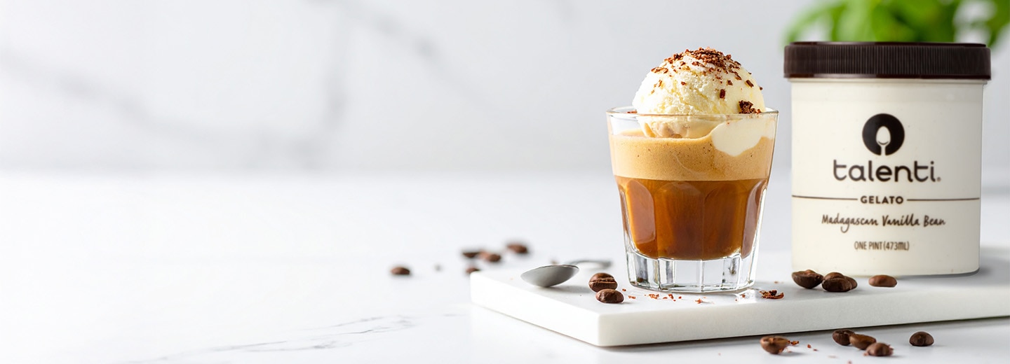 Cup of affogato made with Talenti Madagascan Vanilla Bean