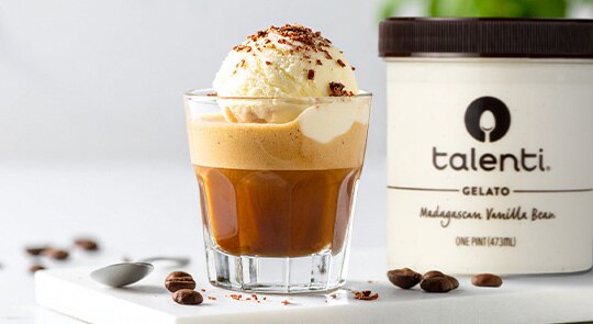 Cup of affogato made with Talenti Madagascan Vanilla Bean
