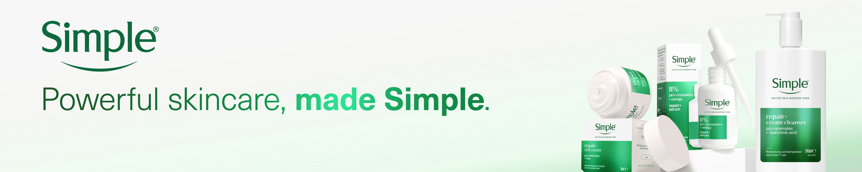 A brand infographic which states “Powerful skincare, made Simple”. On a light green background with Simple products on the side.​