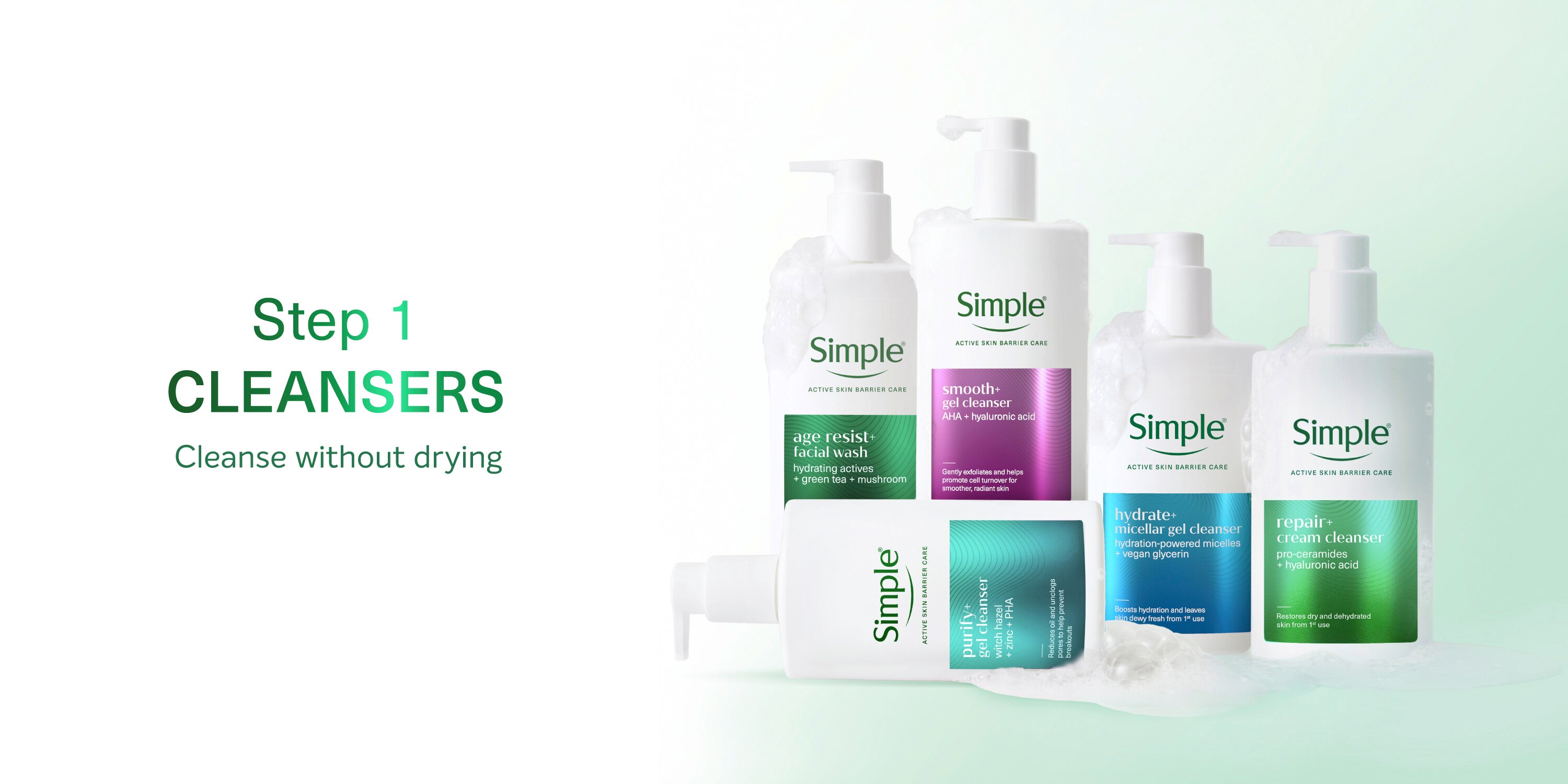 Text reads “Step 1 Cleansers: Cleanse without drying” with a collection of five Simple Active Skin Barrier Care Cleansers against a light background.