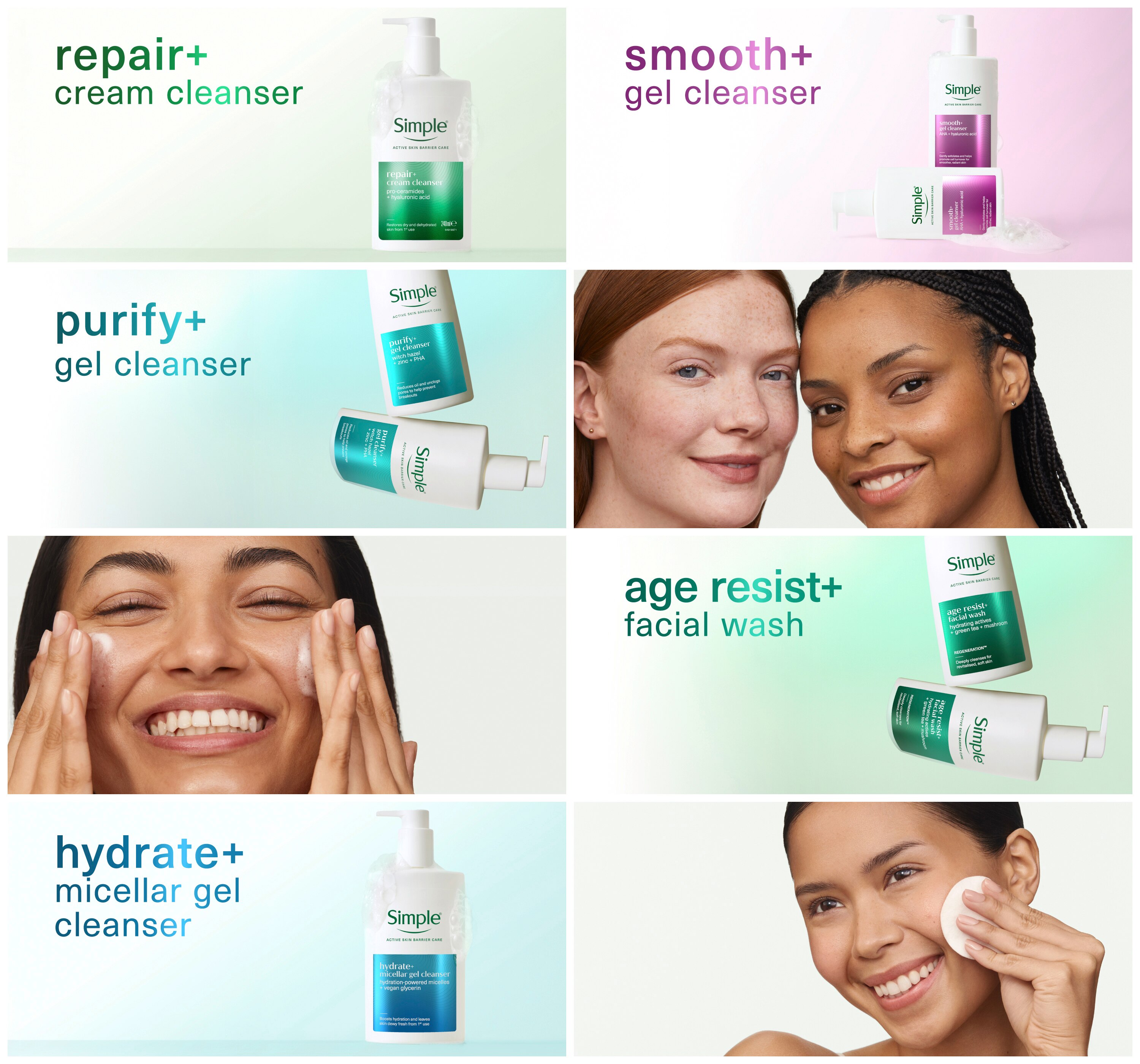The image shows five cleansers that are available across five of the Simple Active Skin Barrier Care ranges: the “repair+ cream cleanser”, the “smooth+ gel cleanser”, the “purify+ gel cleanser”, the “age resist+ facial wash” and the “hydrate+ micellar gel cleanser”