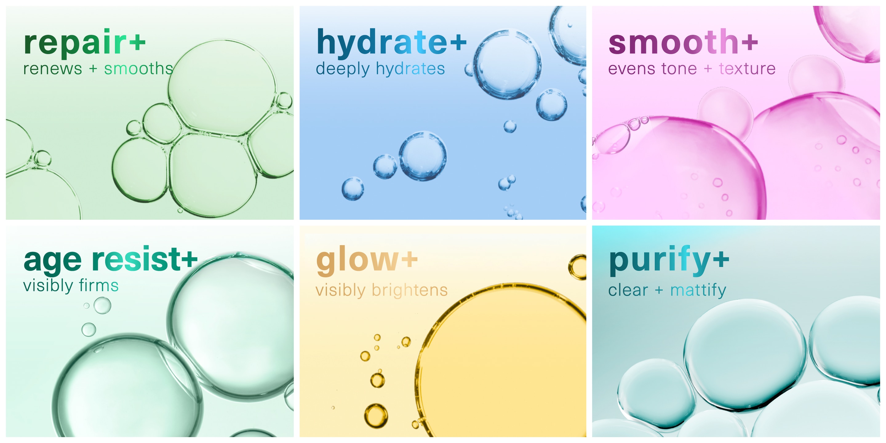 Clickable tiles to each of the six Active Skin Barrier Care ranges: 1) “repair+” 2) “hydrate+”, 3) “smooth+”, 4) “age resist+”, 5) “glow+” and 6) “purify+”​