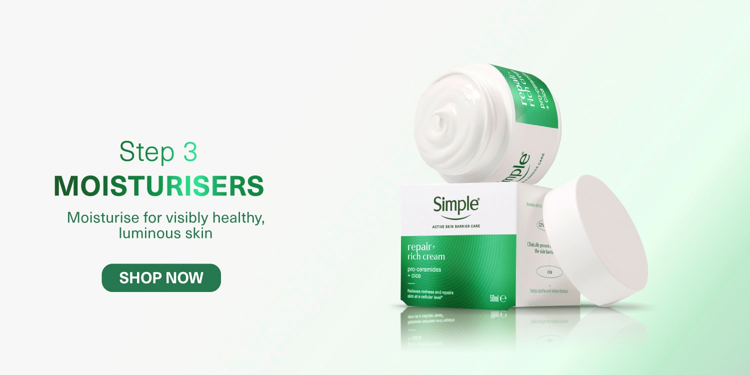 Step 3 Moisturisers: Moisturise for visibly healthy, luminous skin” with a collection of three Simple Active Skin Barrier Care Moisturisers & creams against a light background.