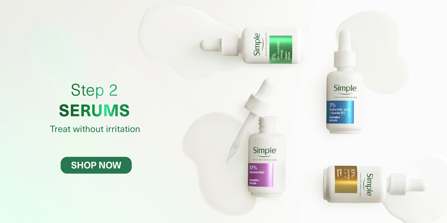 Step 2 Serums: Treat without irritation” with a collection of five Simple Active Skin Barrier Care Cleansers against a light background.