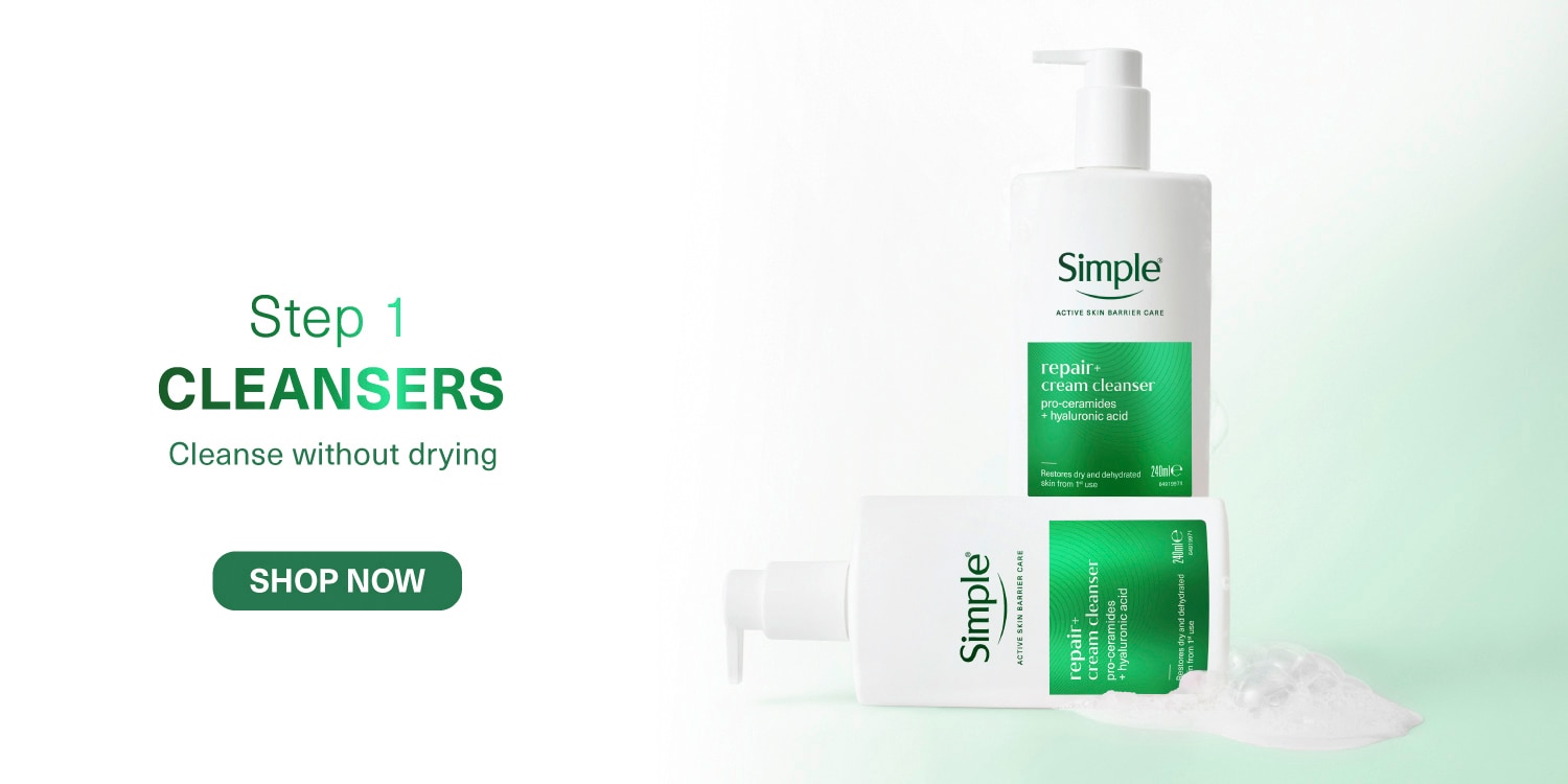 Step 1 Cleansers: Cleanse without drying” with a collection of two Simple Active Skin Barrier Care Cleansers against a light background.
