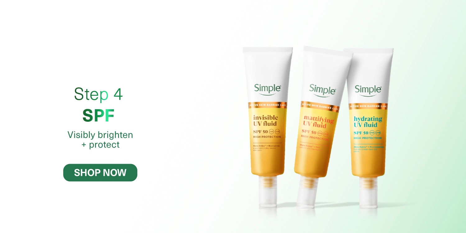 Step 4 SPF: Visibly brighten + protect” with a collection of three Simple Active Skin Barrier Care UV Fluids against a light background.