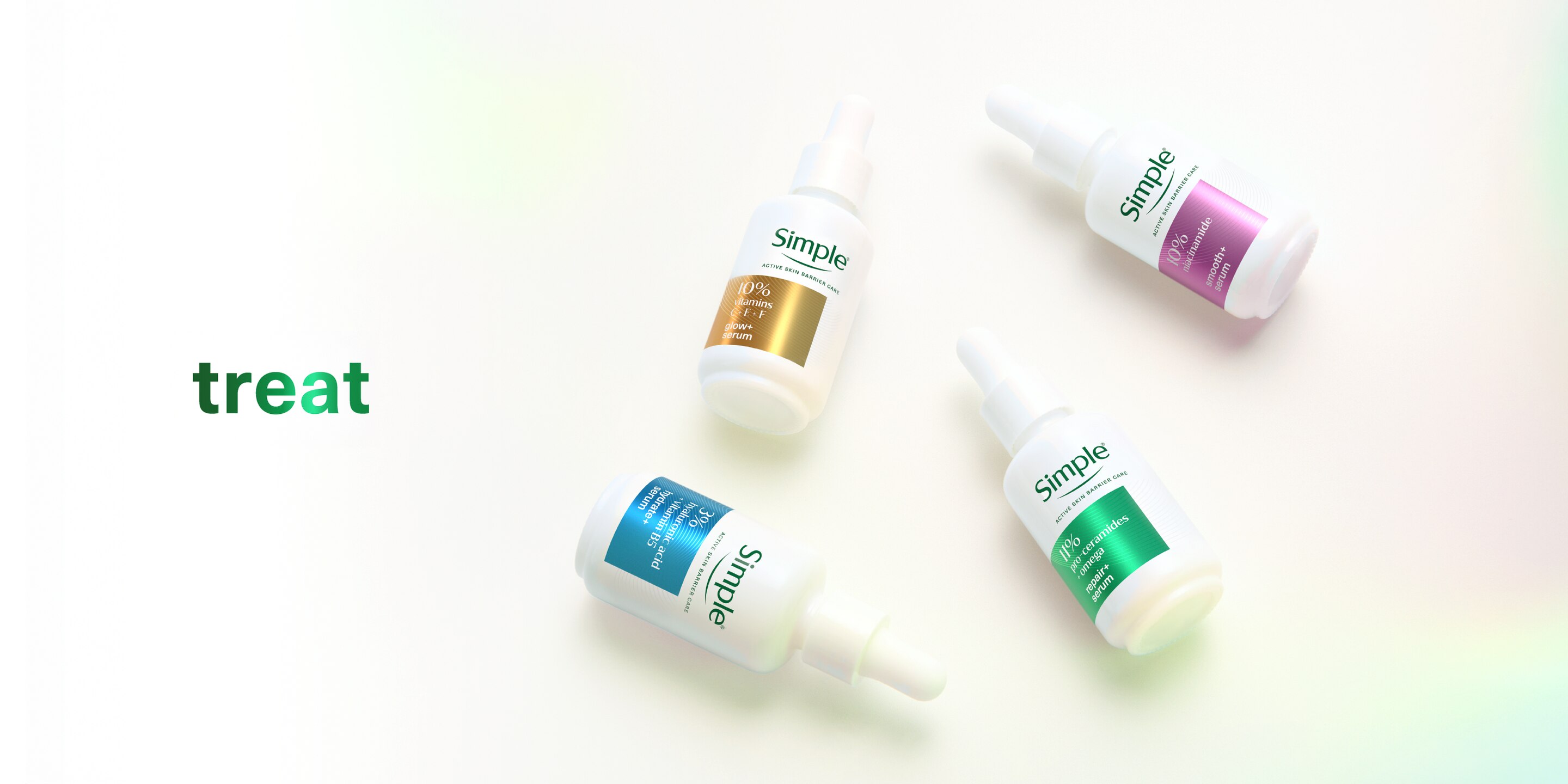Text reads “treat” with a collection of four Simple Active Skin Barrier Care Serums against a light background.