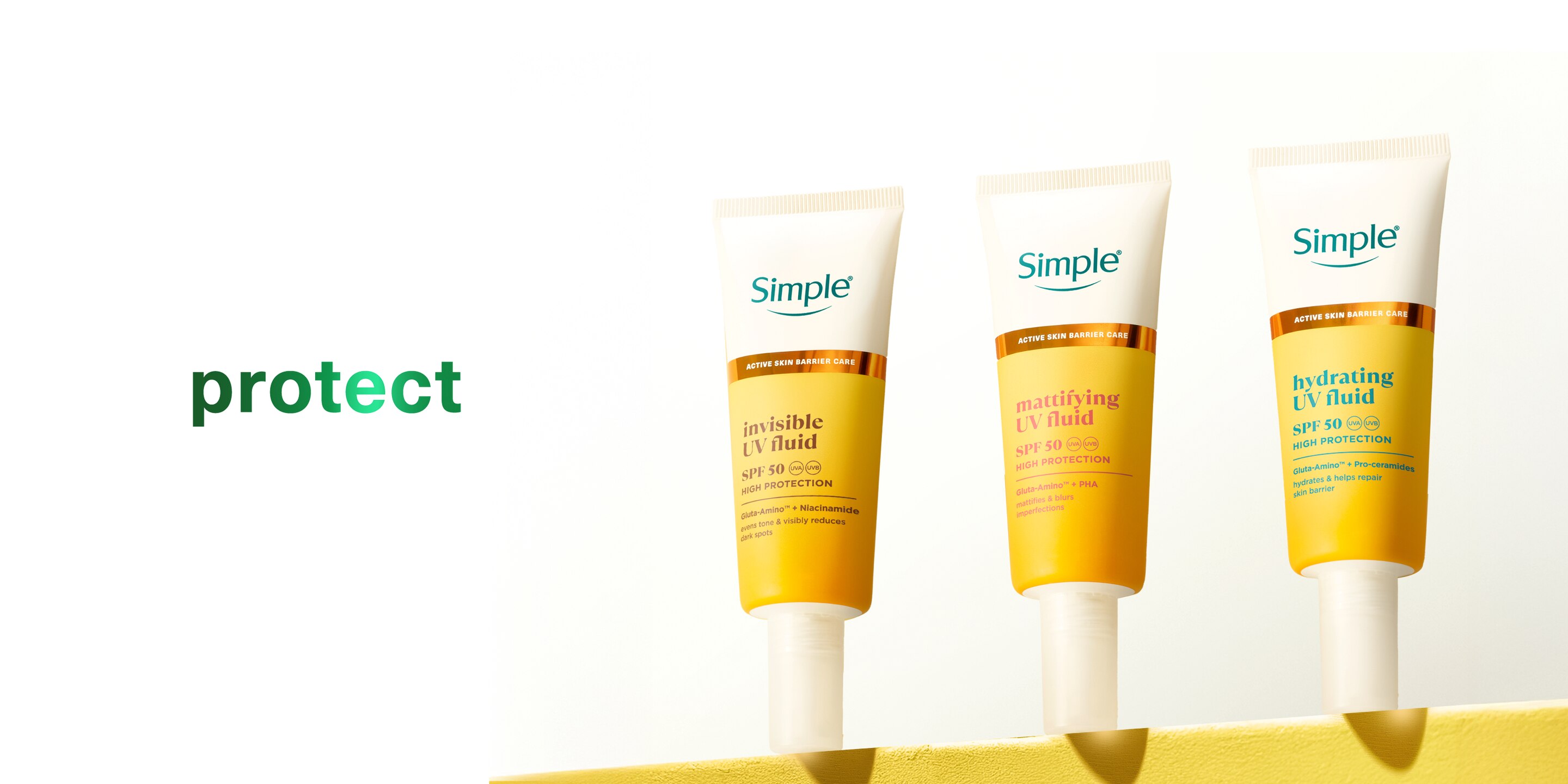 Text reads “protect”, with a collection three Simple  UV Fluids SPF 50 products shown on a light background.