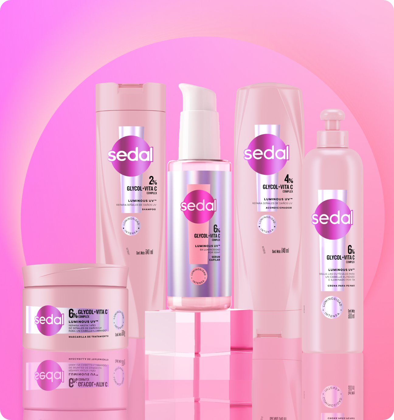 Producto línea Sedal Luminous UV con fondo rosa suave y brillante