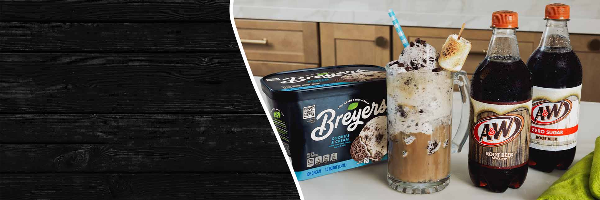 Cookies Fluff float made with Breyers Cookies & Cream and A&W® Root Beer.