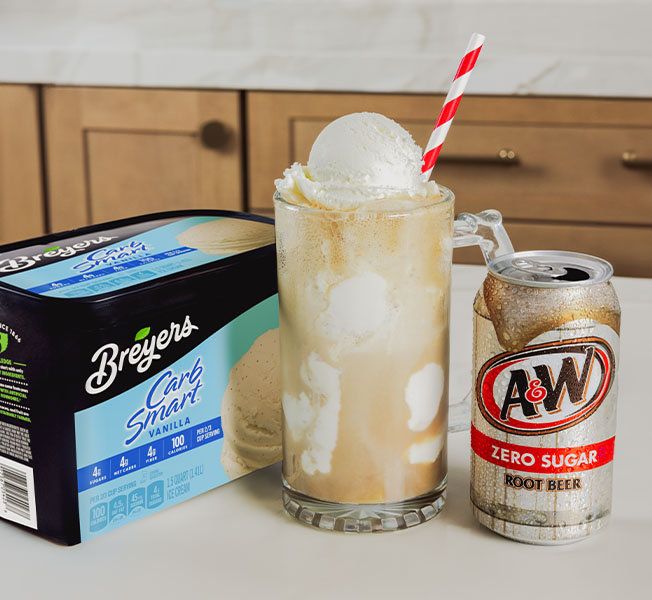 Low carb float made with Breyers CarbSmart Vanilla and A&W® Zero Sugar Root Beer.