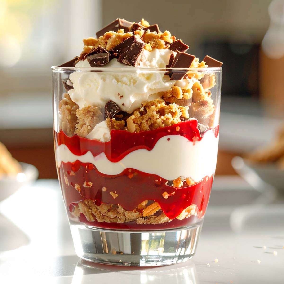 Layered strawberry cheesecake parfait with Klondike bar chunks in a glass.