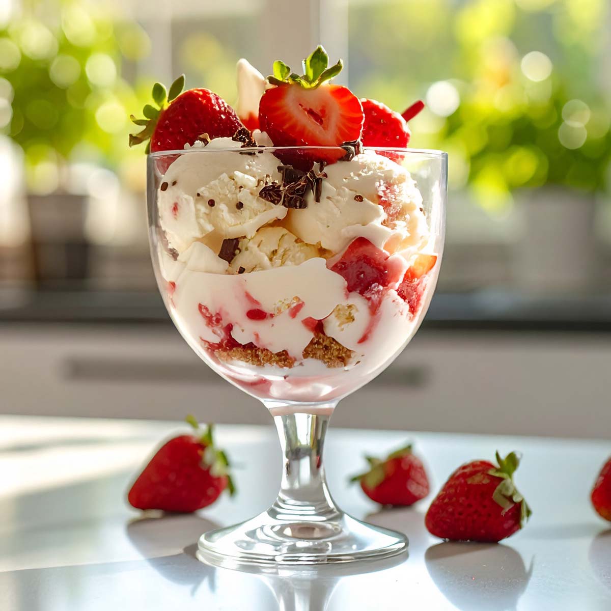 Strawberry cheesecake-inspired sundae in a glass.