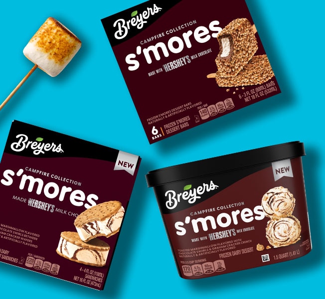 Breyers Smores frozen desserts collection on a blue background