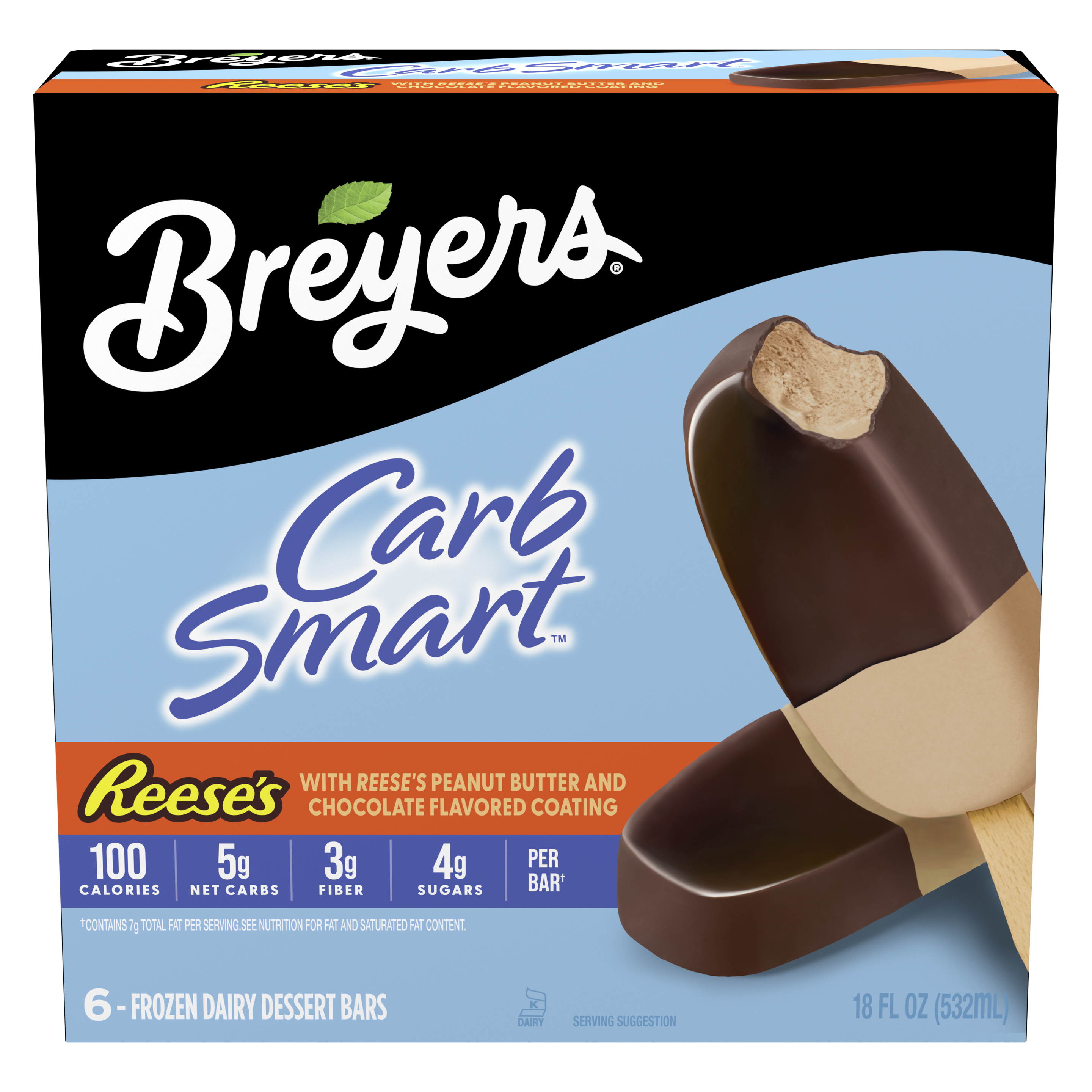 A 6 pack carton of Breyers® CarbSmart REESE'S Bar simple pack image packshot