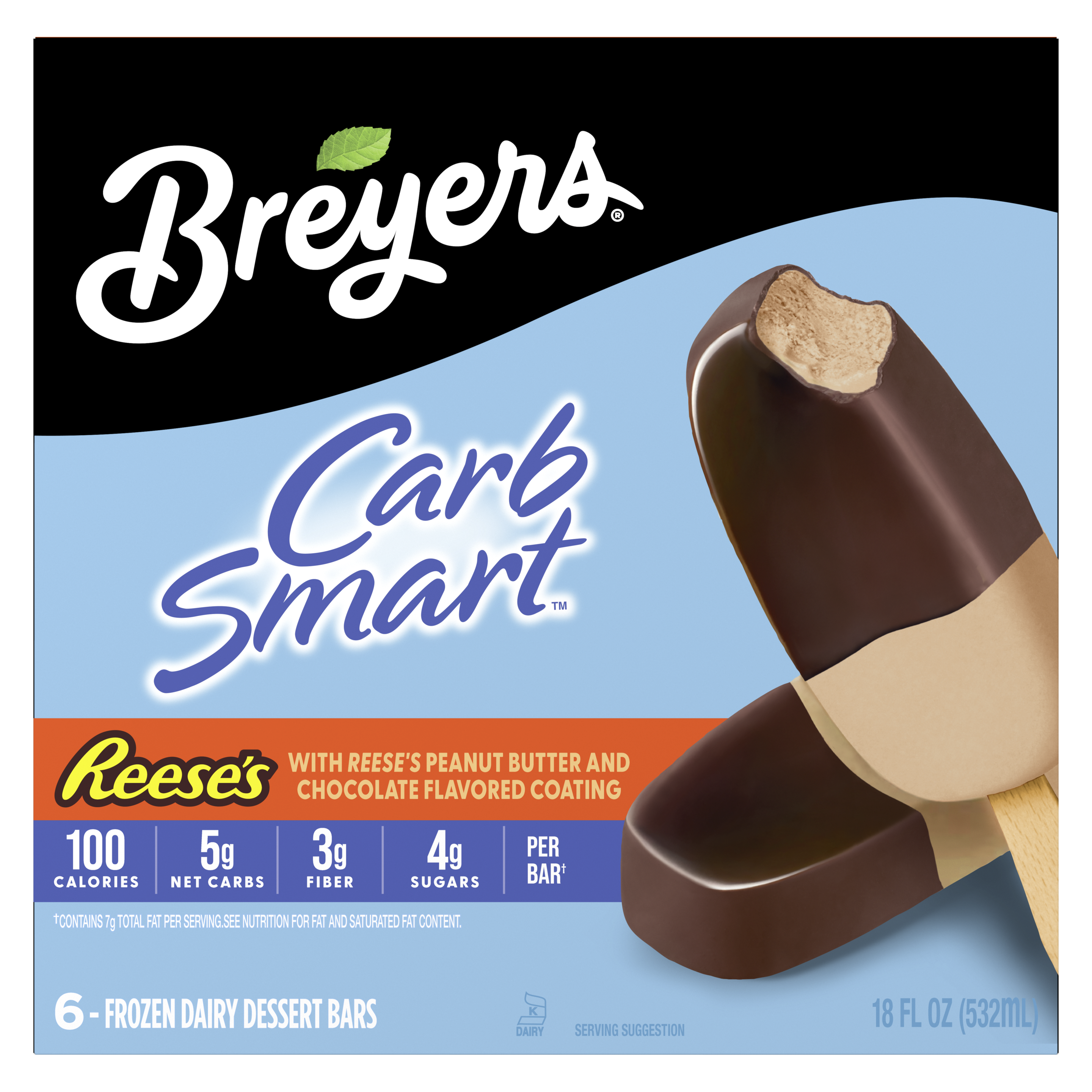 A 6 pack carton of Breyers® CarbSmart™ REESE'S Bar front of pack