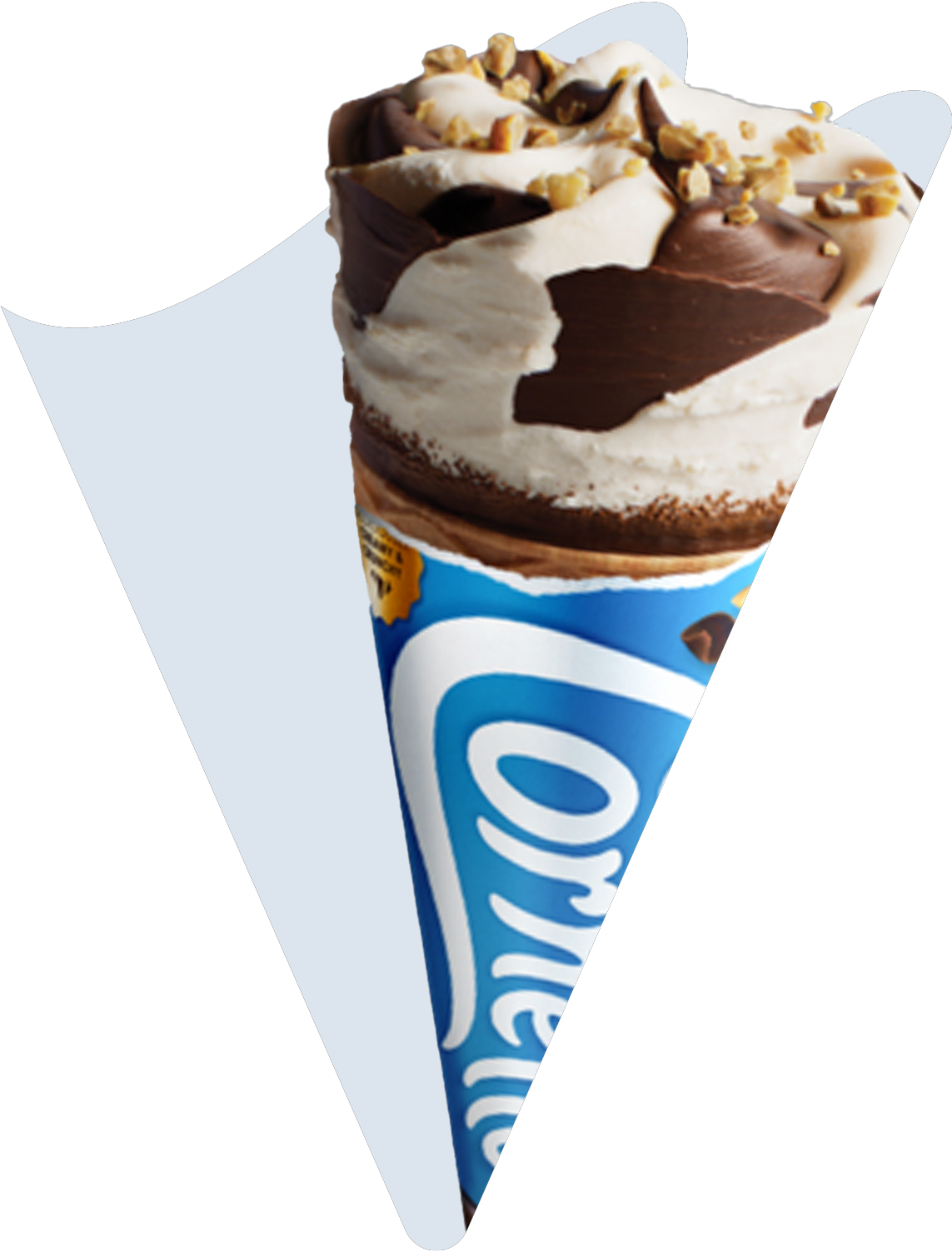 Cornetto ice cream cone with chocolate, caramel, and nuts in a decorative blue wrapper