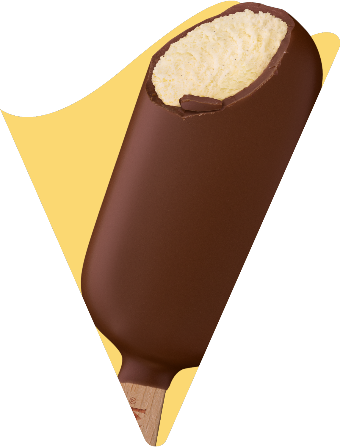.Classic Magnum ice cream with white ice cream center in a chocolate shell with mint green background.