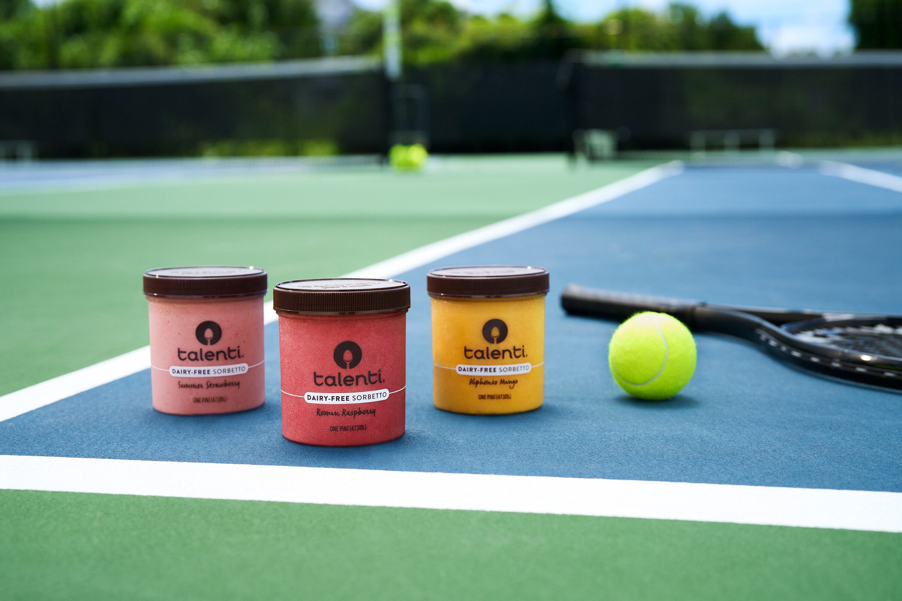 Pints of Talenti Sorbetto on the tennis court