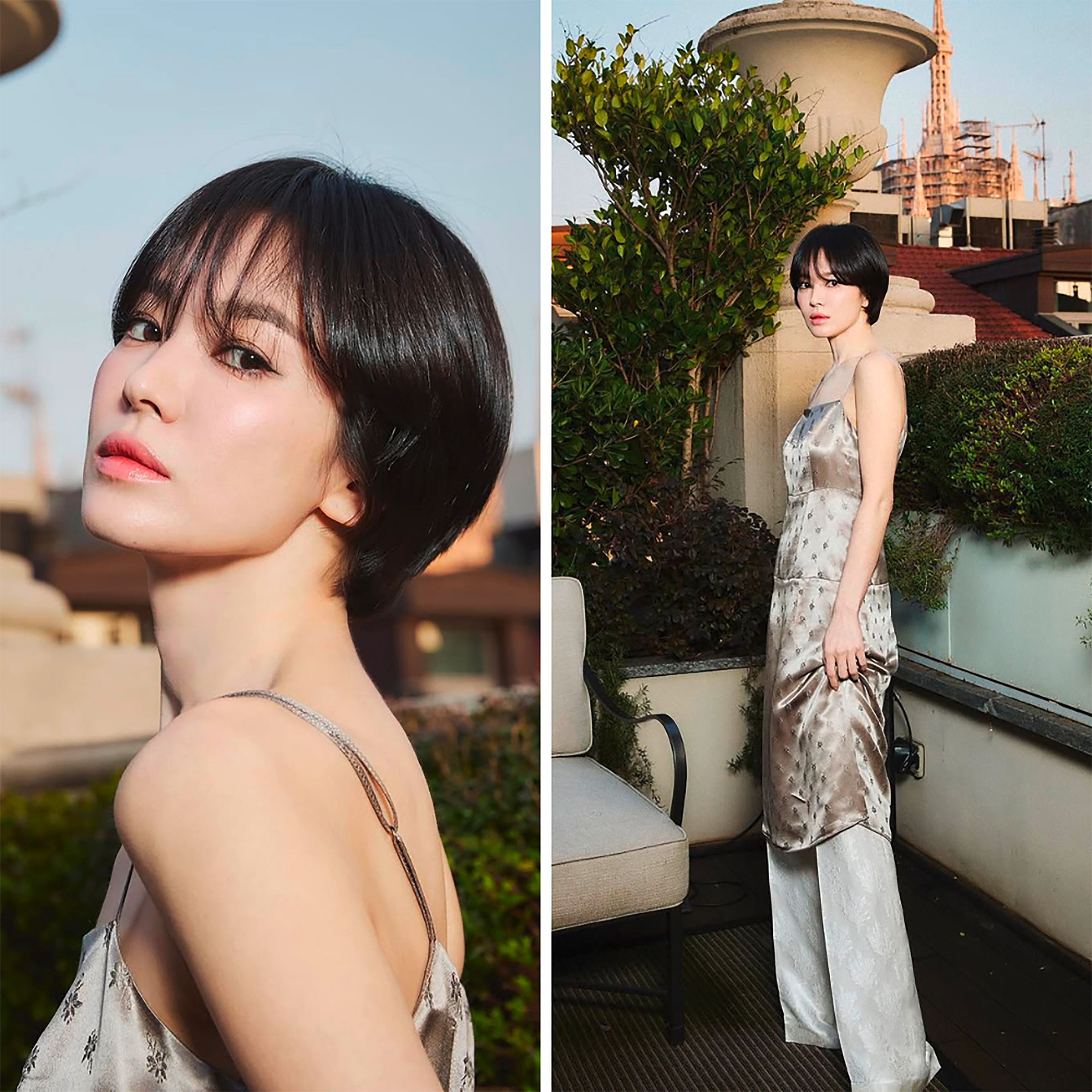 Actress in a boy bob hairstyle and glam outfit.