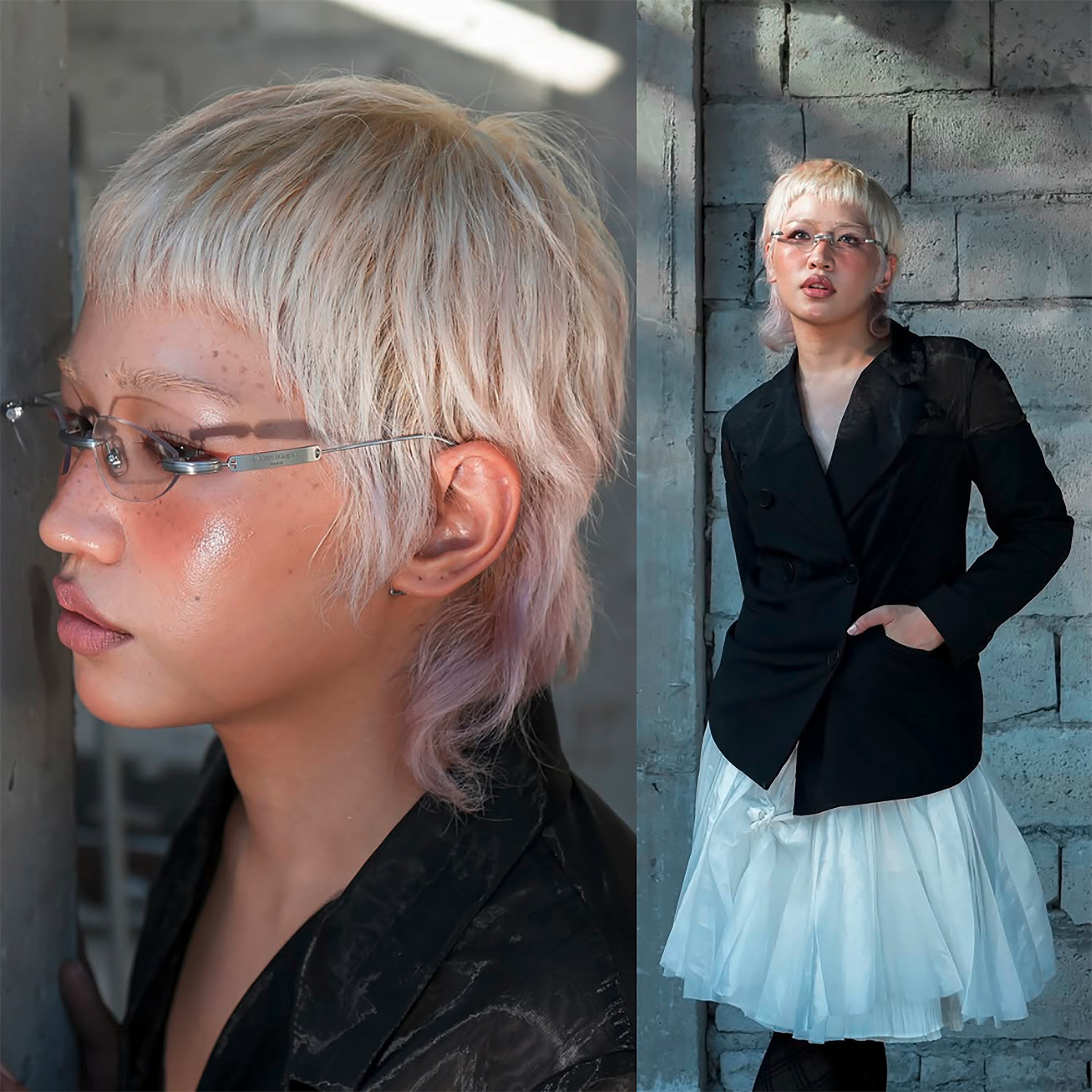 Beauty influencer in a wolf-cut mullet with lilac-colored tips.