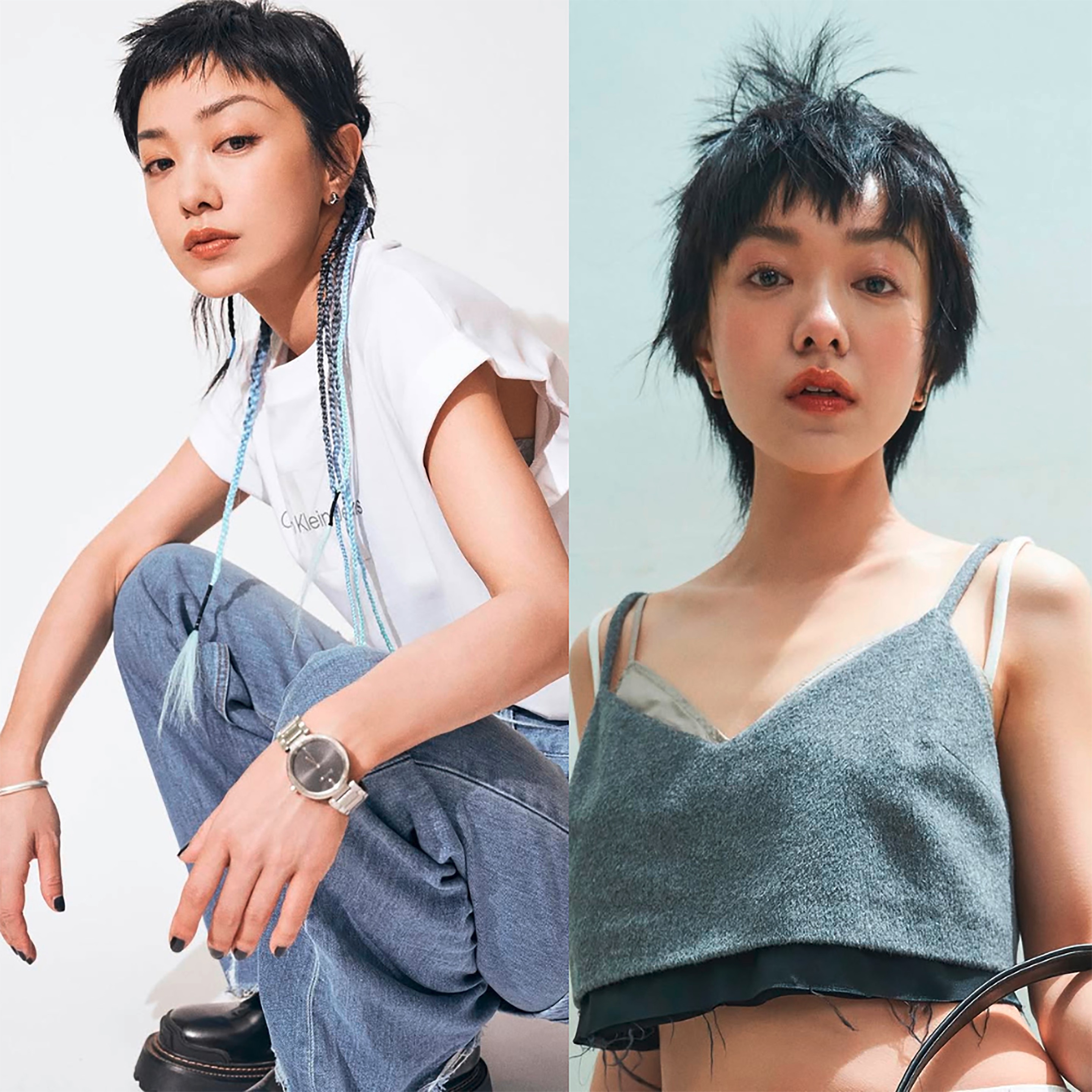 Artist wears a short shag cut with blunt ends.