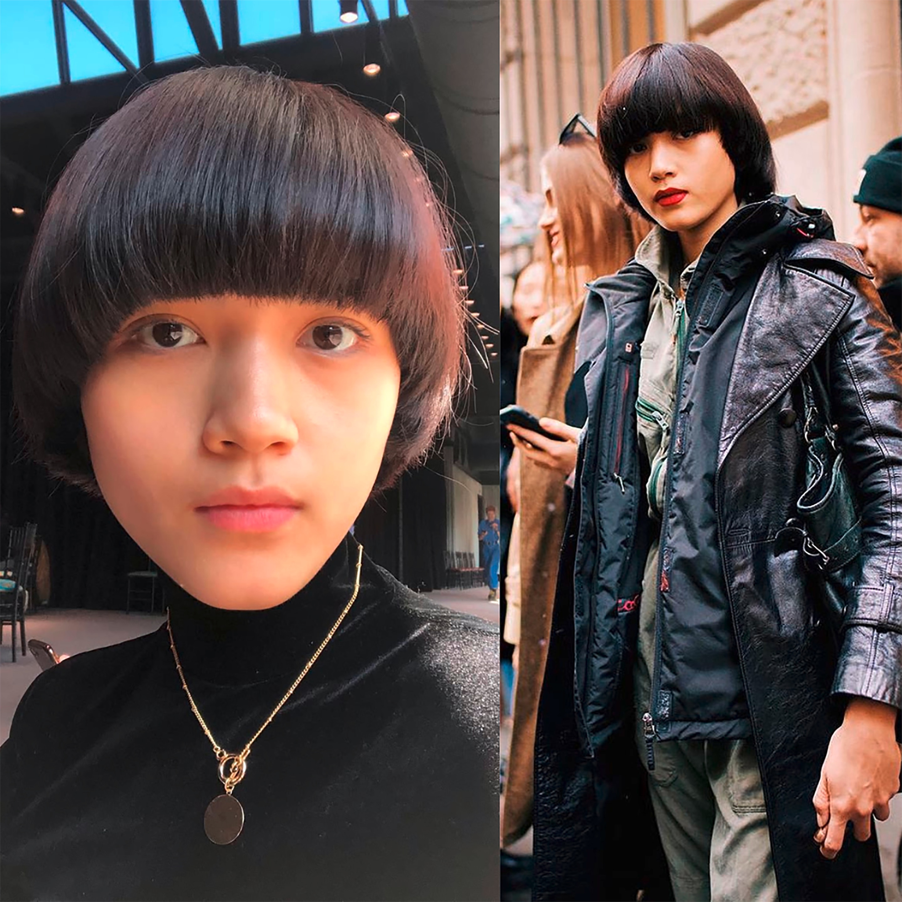 Model in bowl cut hair.