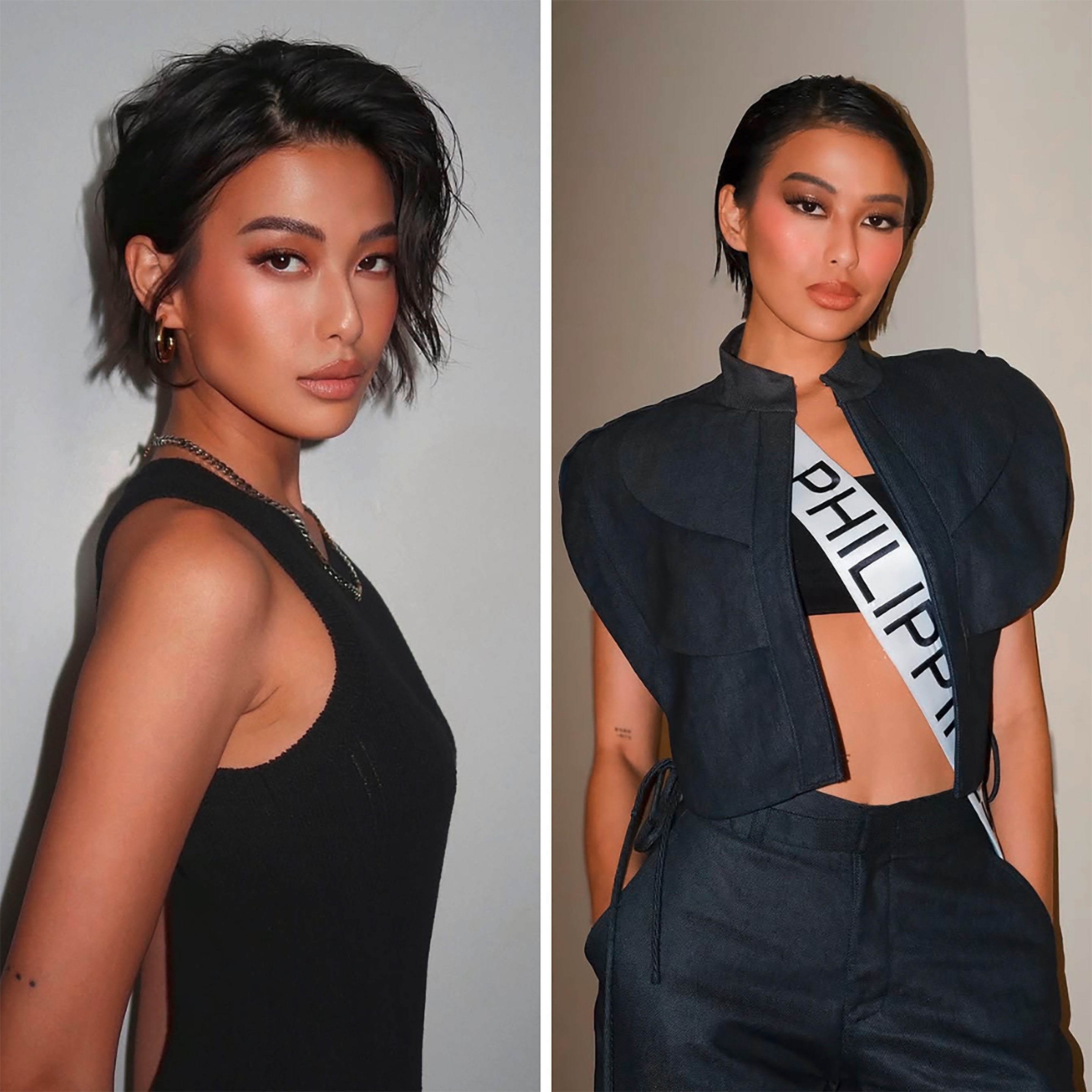 Beauty queen in a bixie cut and formal attire.