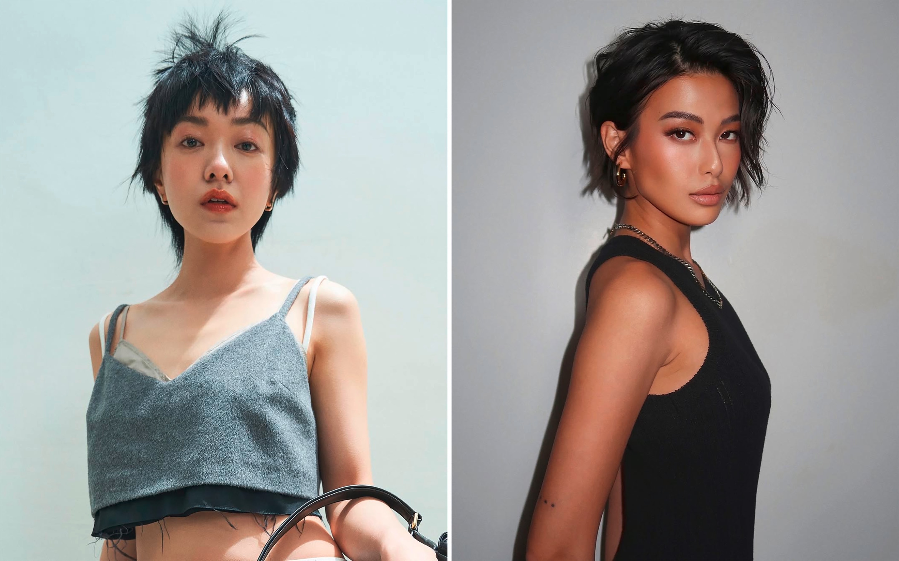 Model and beauty queen wearing a boy bob in two different styles.