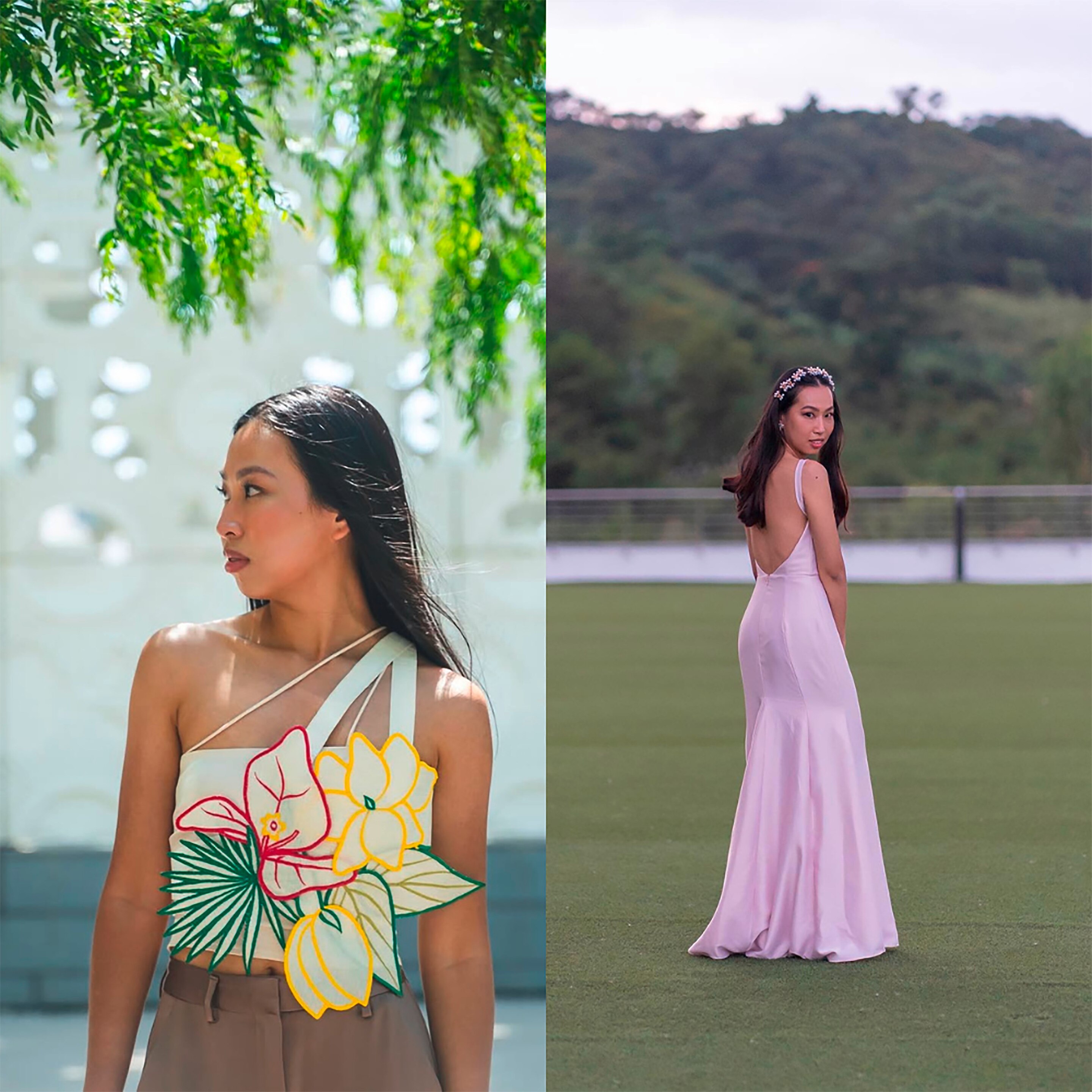 Asian woman wearing a top and dress by Filipino designers.