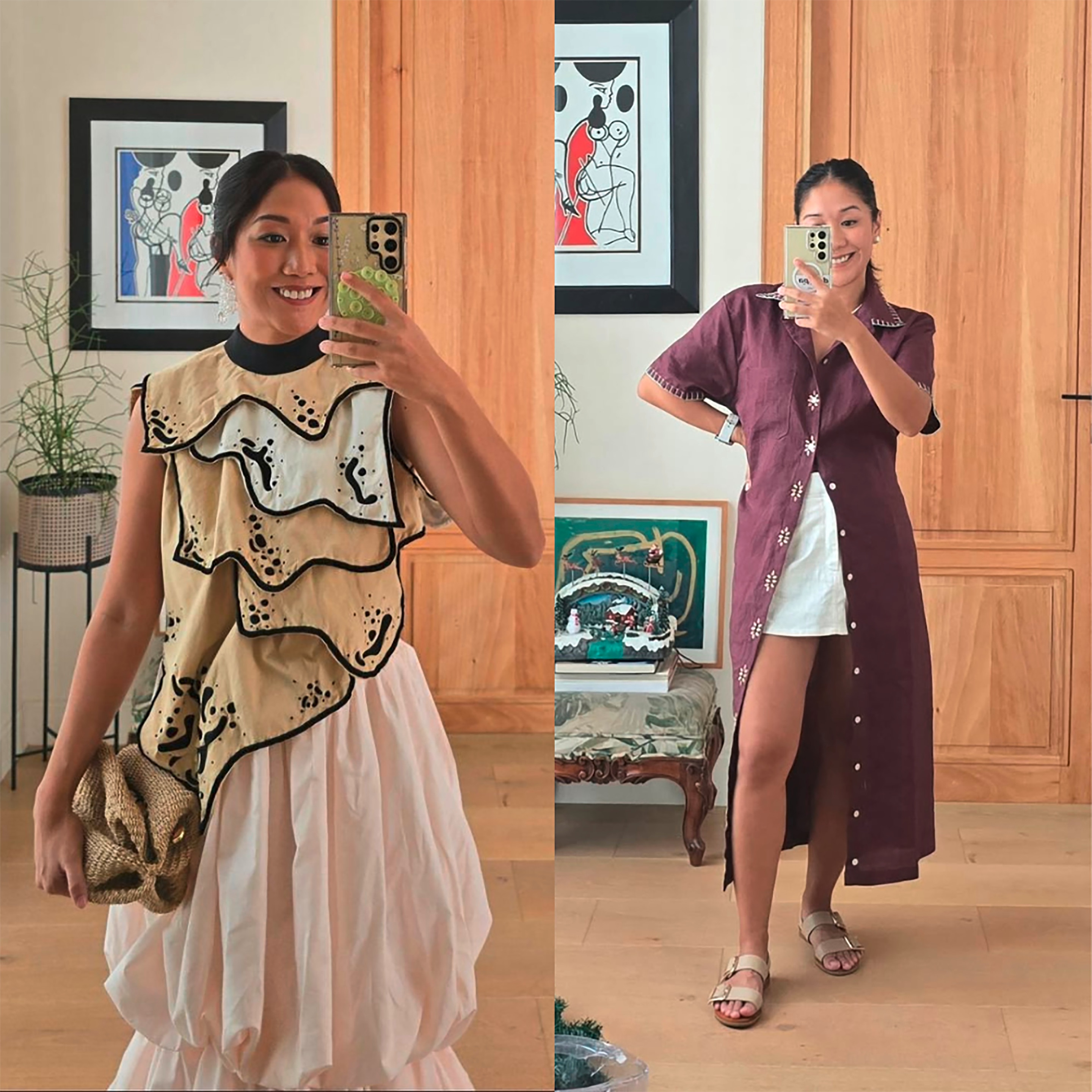 Asian woman takes a mirror outfit photo.