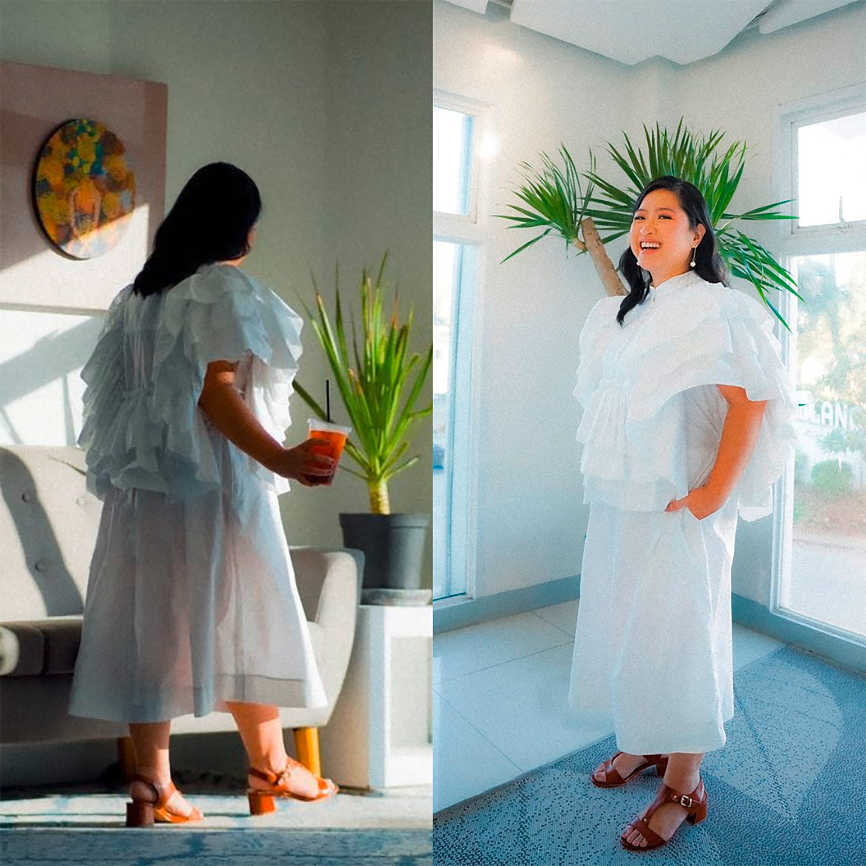 Asian woman in a ruffled white dress.