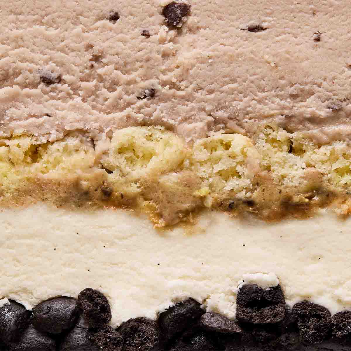 Close-up on the layers of the Talenti Chocolate Chip Cookie Batter Gelato