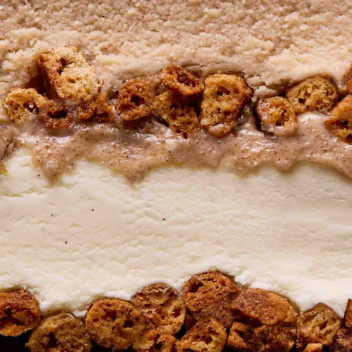 Close-up on the layers of the Talenti Snickerdoodle Cookie Gelato