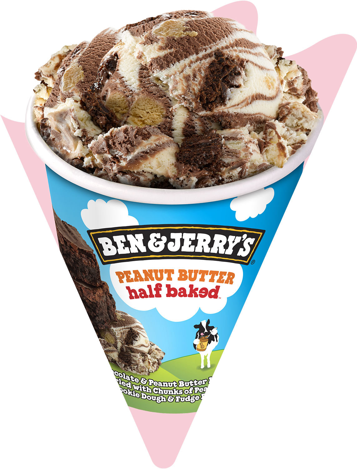 ben & Jerry's chocolate ice cream with chunky mix-ins served in a colorful containe with orange background