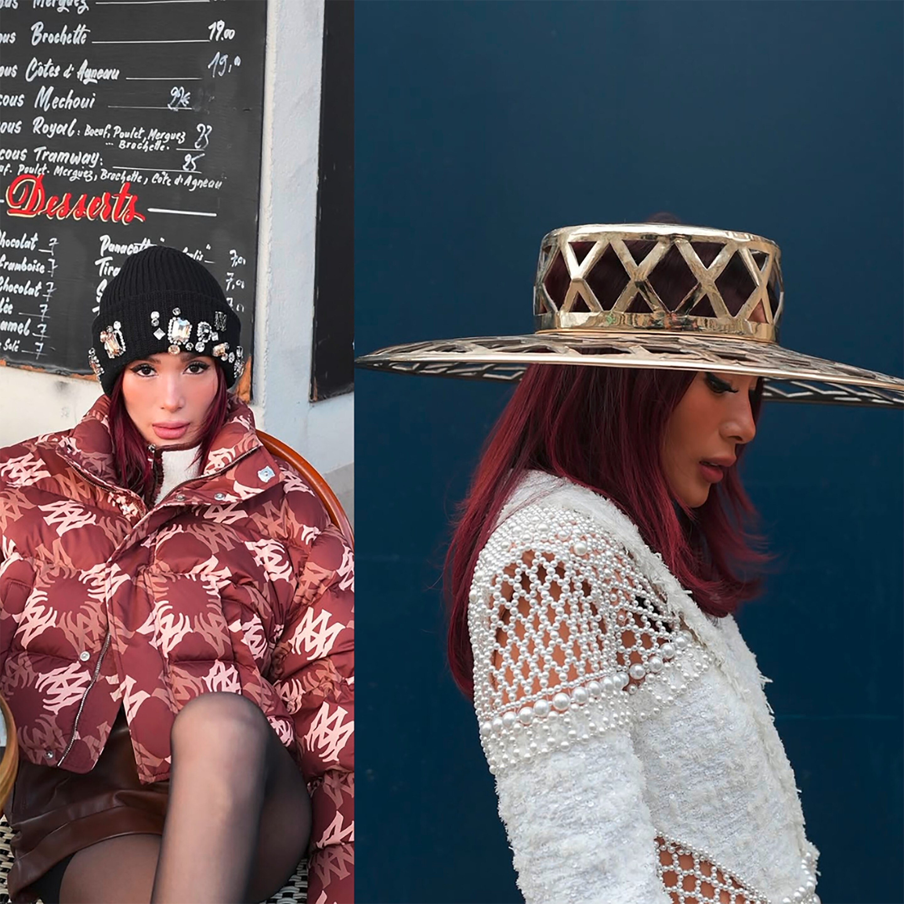 Actress wears a bonnet and a hat.